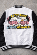 I Stay Away From Broke Mindsets Varsity Jacket Black and White Graphic Letterman Jacket