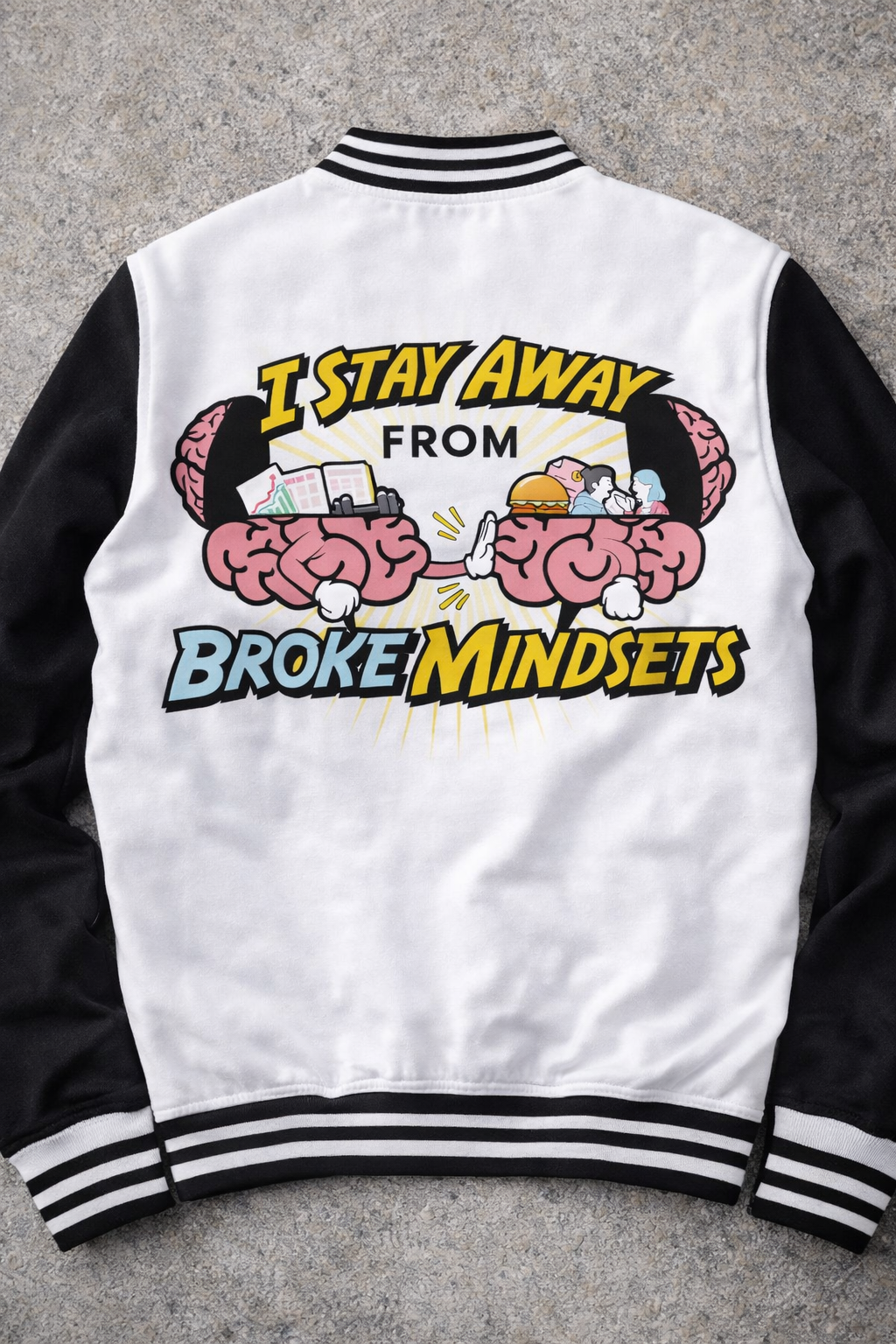 I Stay Away From Broke Mindsets Varsity Jacket Black and White Graphic Letterman Jacket