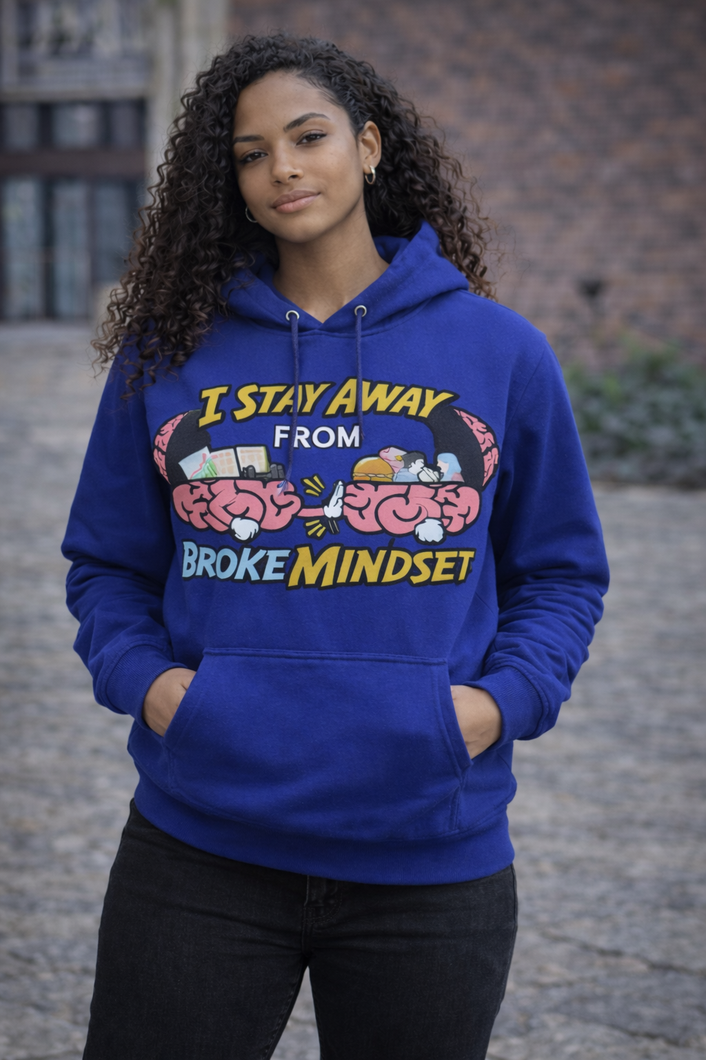 I Stay Away From Broke Mindset Blue Graphic Hoodie for Women