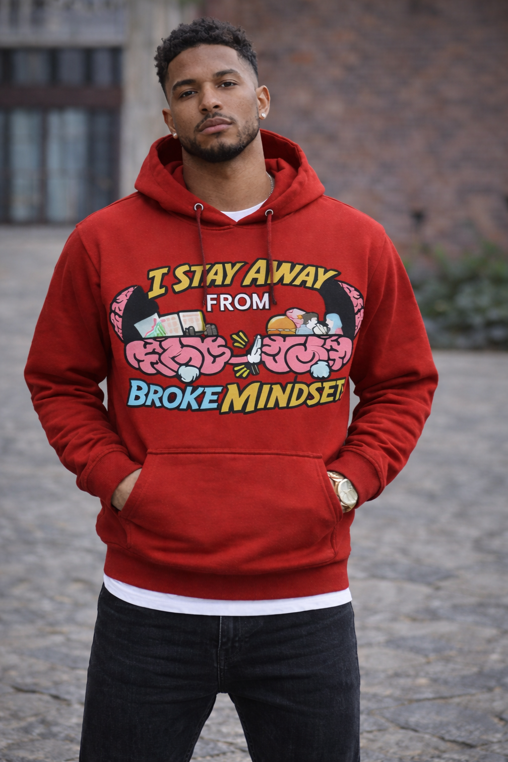 I Stay Away From Broke Mindset Red Graphic Hoodie for Men