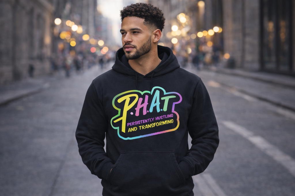 P.H.A.T Persistently Hustling and Transforming Black Unisex Motivational Hoodie