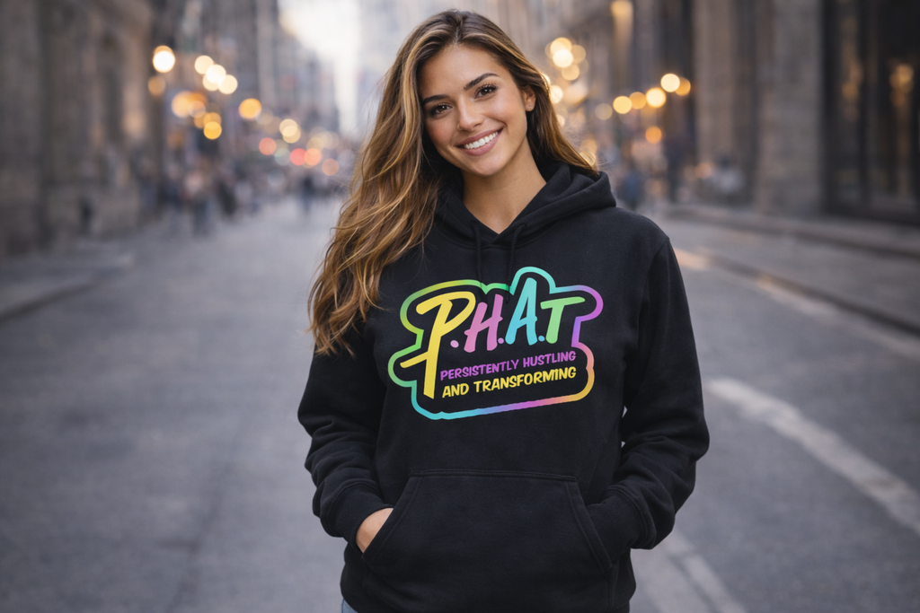 P.H.A.T Persistently Hustling and Transforming Black Unisex Motivational Hoodie