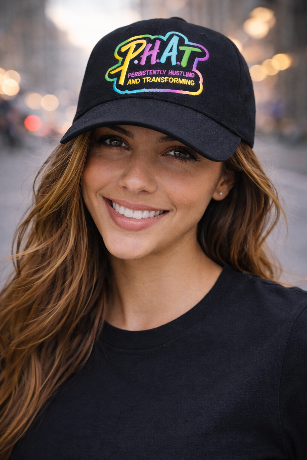 P.H.A.T Persistently Hustling and Transforming Black Unisex Motivational Baseball Cap