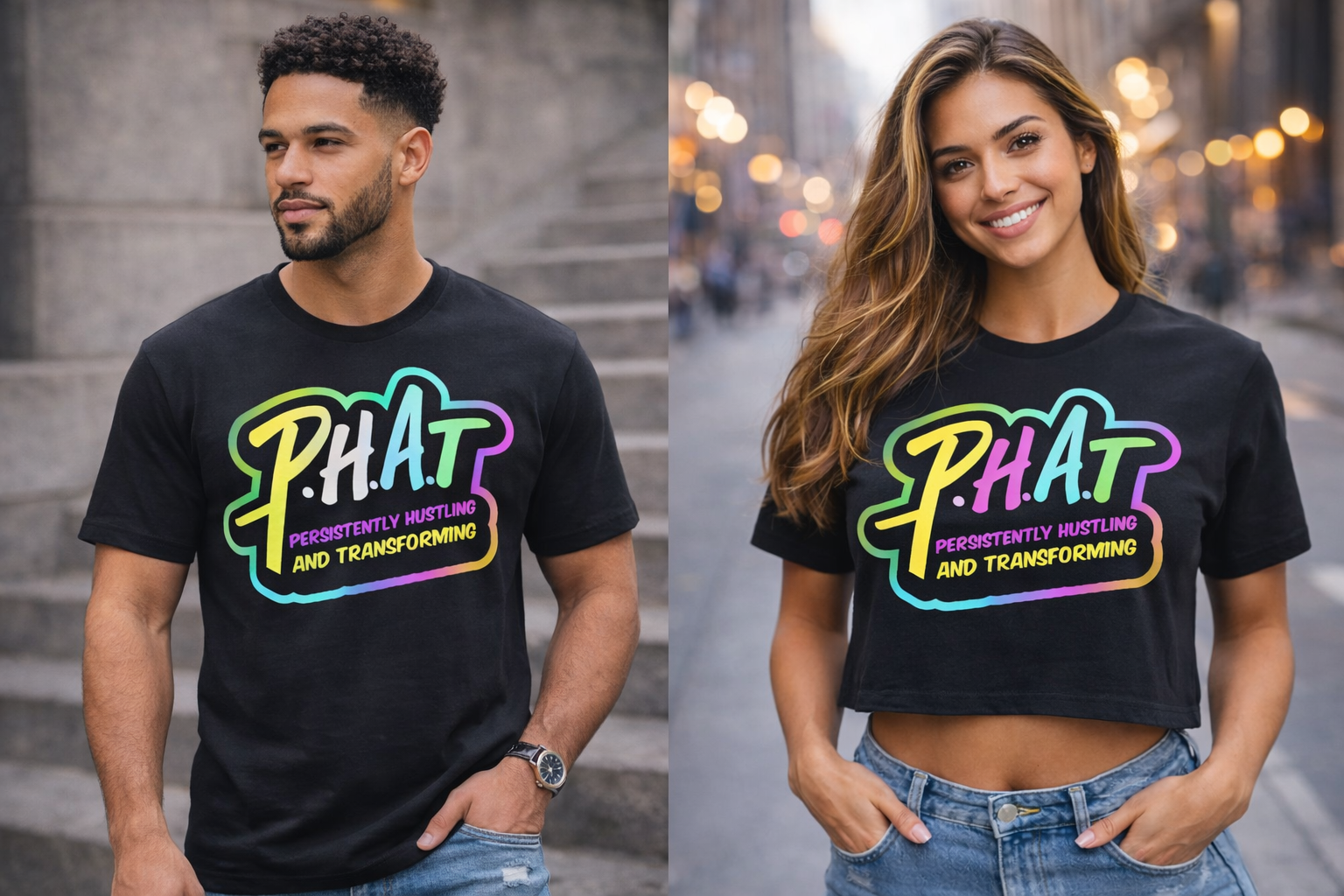 P.H.A.T Persistently Hustling and Transforming Black Graphic T Shirt for Men and Women