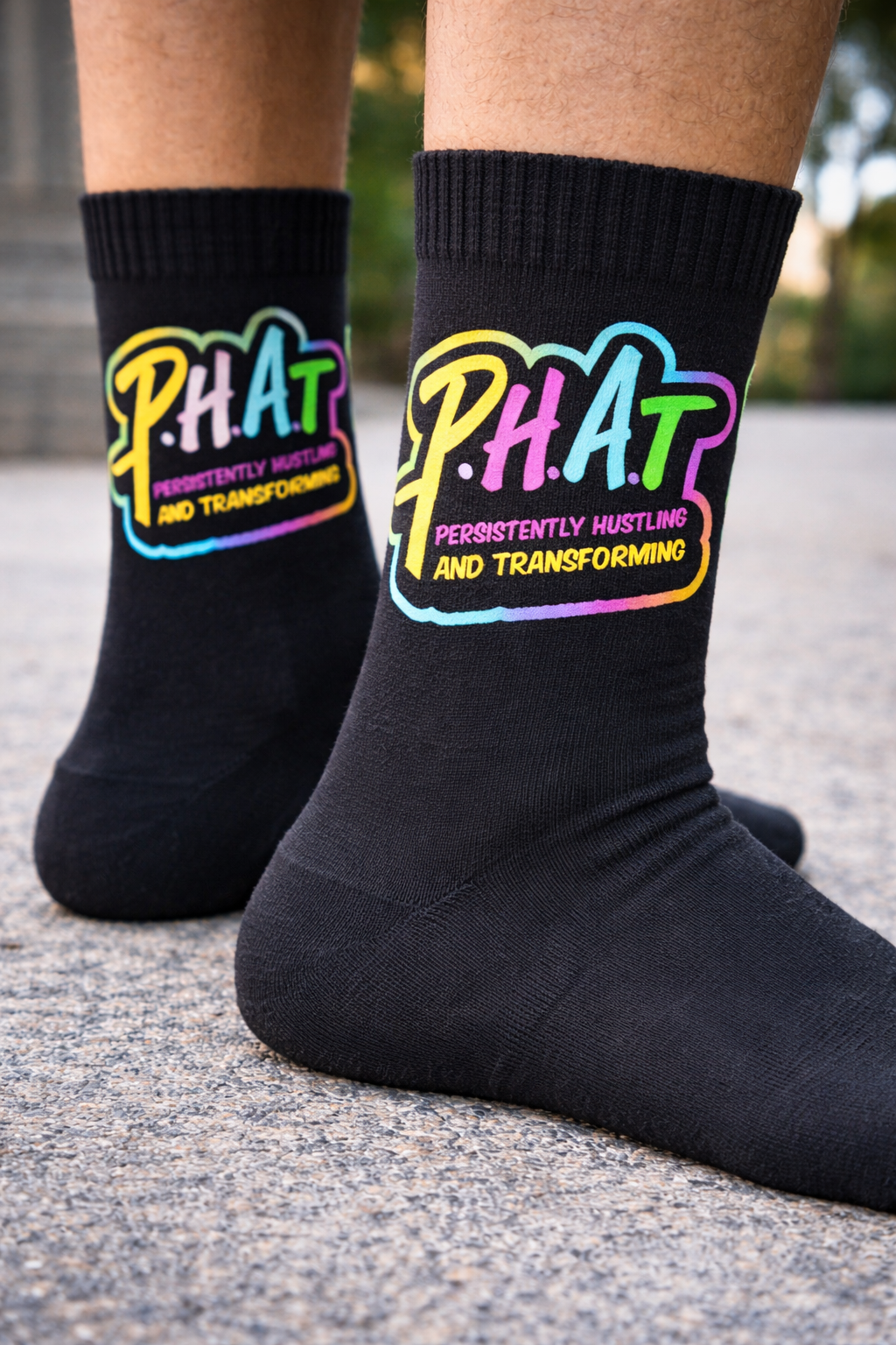 P.H.A.T Persistently Hustling and Transforming Black Crew Socks Unisex Motivational Socks