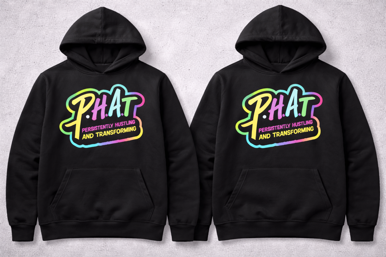 P.H.A.T Persistently Hustling and Transforming Black Unisex Motivational Hoodie