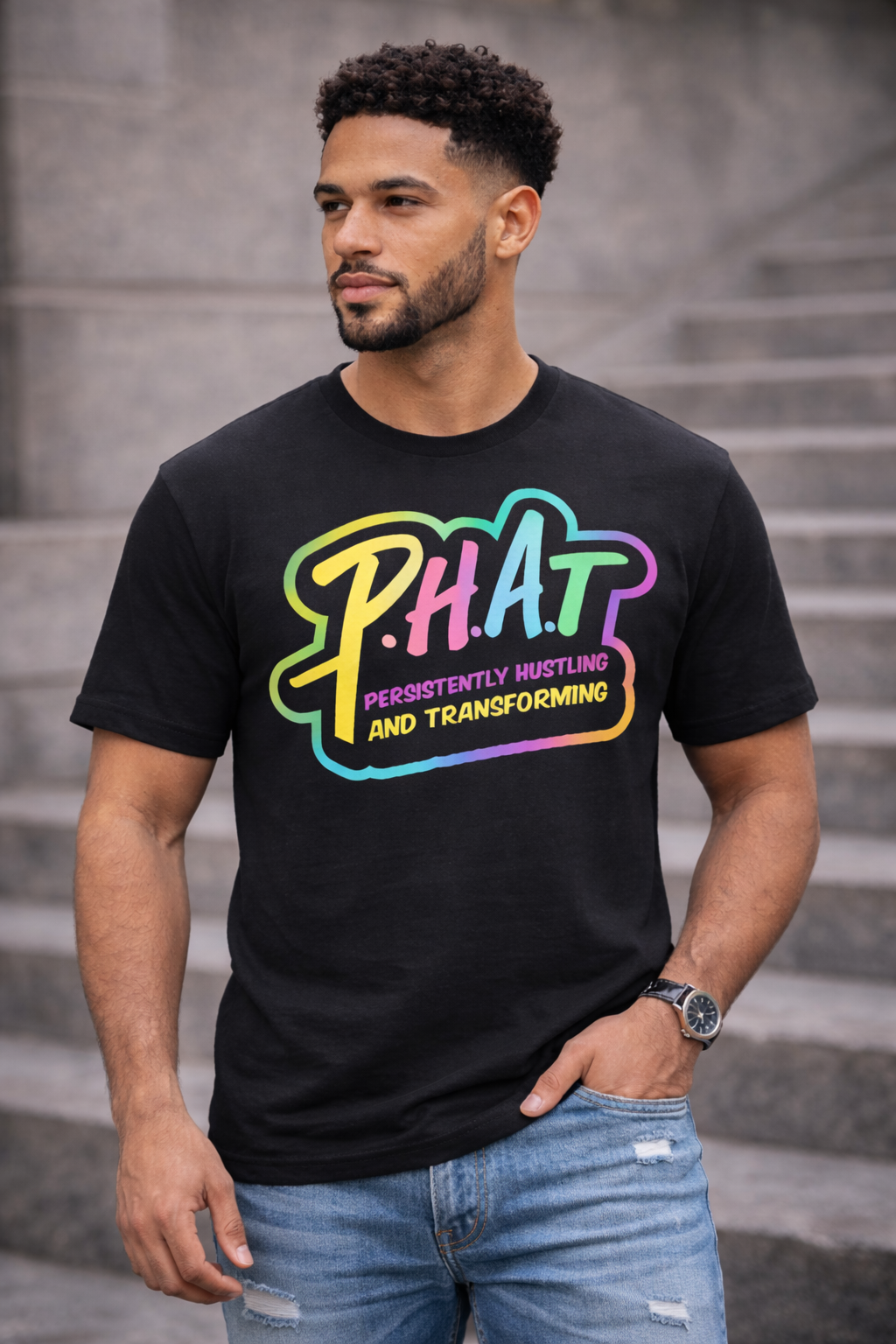 P.H.A.T Persistently Hustling and Transforming Black Graphic T Shirt for Men and Women